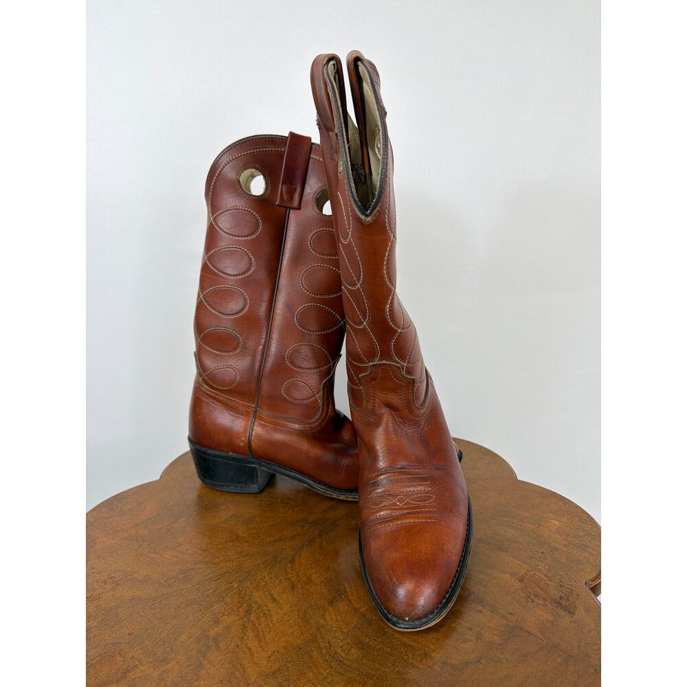 Vintage Acme Rust Brown Leather Western Cowboy Boots Swirl Stitching 11